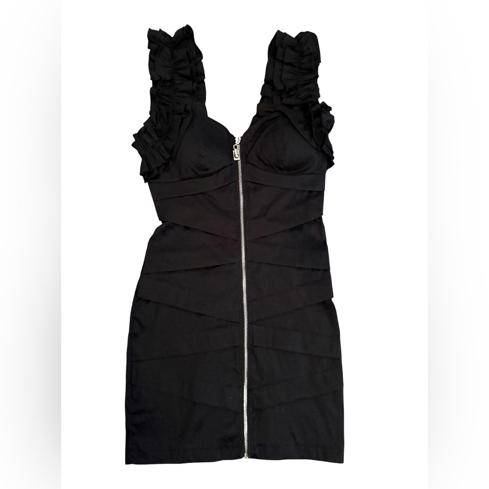 Black bodycon mini dress, full-length exposed front zipper and ruffle straps